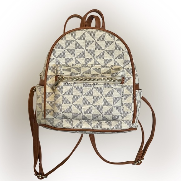 Geometric Patterned Mini Backpack with Brown Accents - Picture 1 of 11